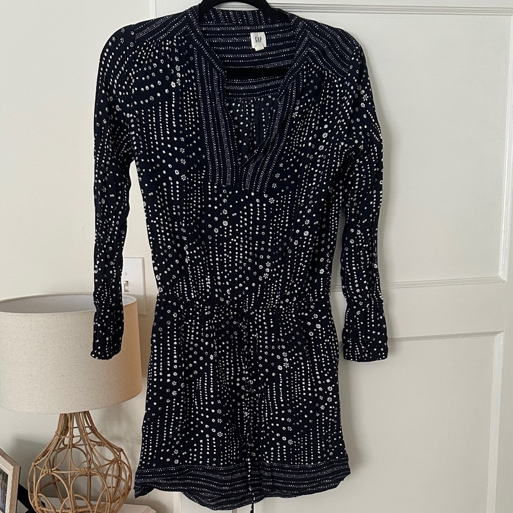 GAP Navy and White Printed Cinch Waist Long Sleeve Dress